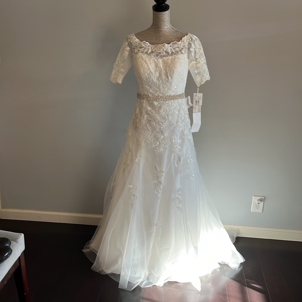 David’s bridal white wedding dress never used size 9. Comes with veil and belt